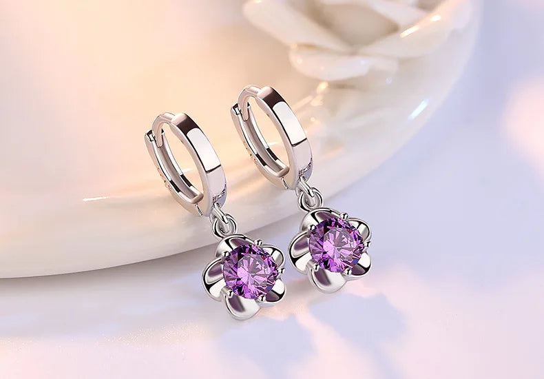 925 Sterling Silver Earrings Jewelry High Quality Retro Simple Pattern Purple White Zircon Earrings