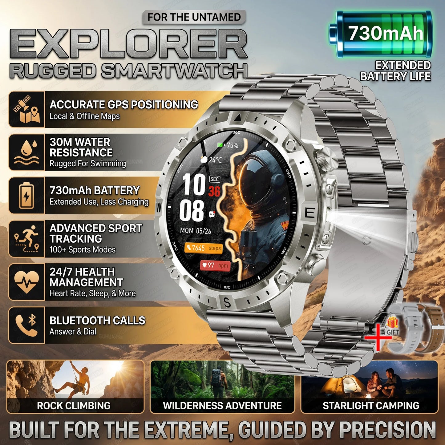 GUHUAVMI GPS Outdoor Smart Watch 1.43 AMOLED Fitness Tracker with Offline Maps Local Music Compass Altimeter Barometer Heart Rate 3ATM BT