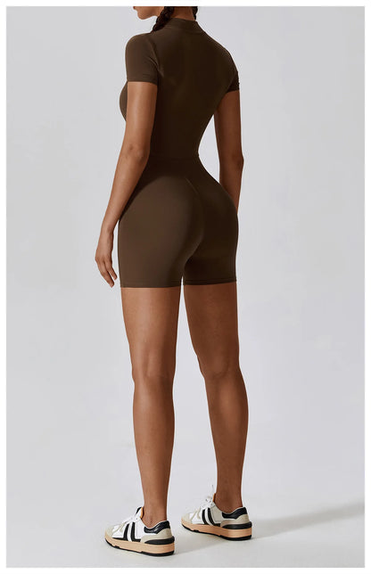 SWELTERING Summer Zipper Jumpsuits Short Sleeve Yoga Bodysuit Women's Set Gym Tracksuit Push-up Workout Clothes Dance Fitness Bodysuit