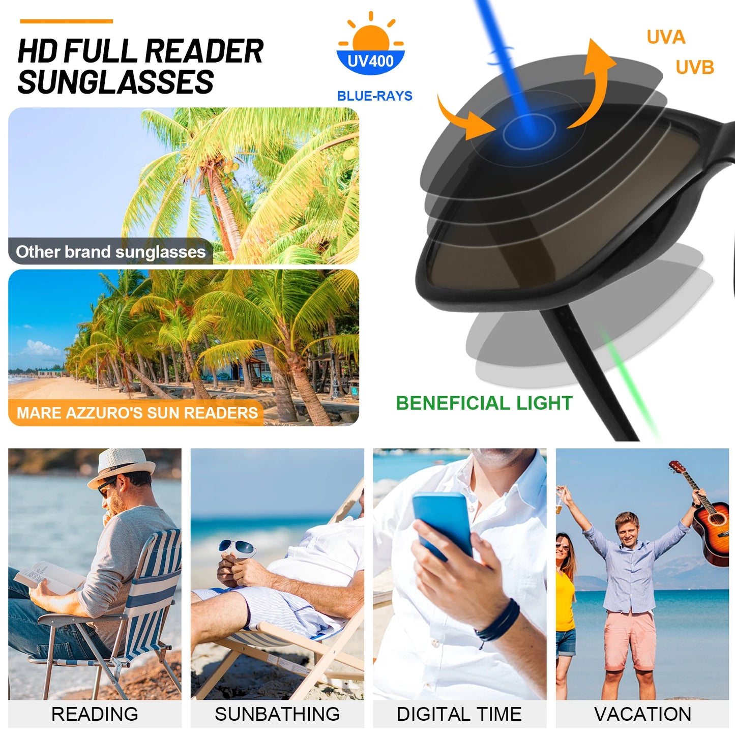 MARE AZZURO Large Square Sunglasses Reading Glasses For Men Optical Eyeglasses Frame Hyperopia Reading Glasses