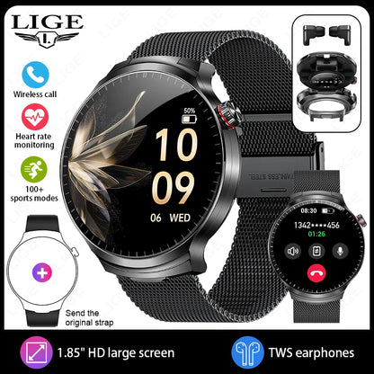 LIGE New TWS 2-In-1 Headset Smart Watch 1.85" Bluetooth Call Men Earphone Smartwatch Heart Rate Health Monitor Music