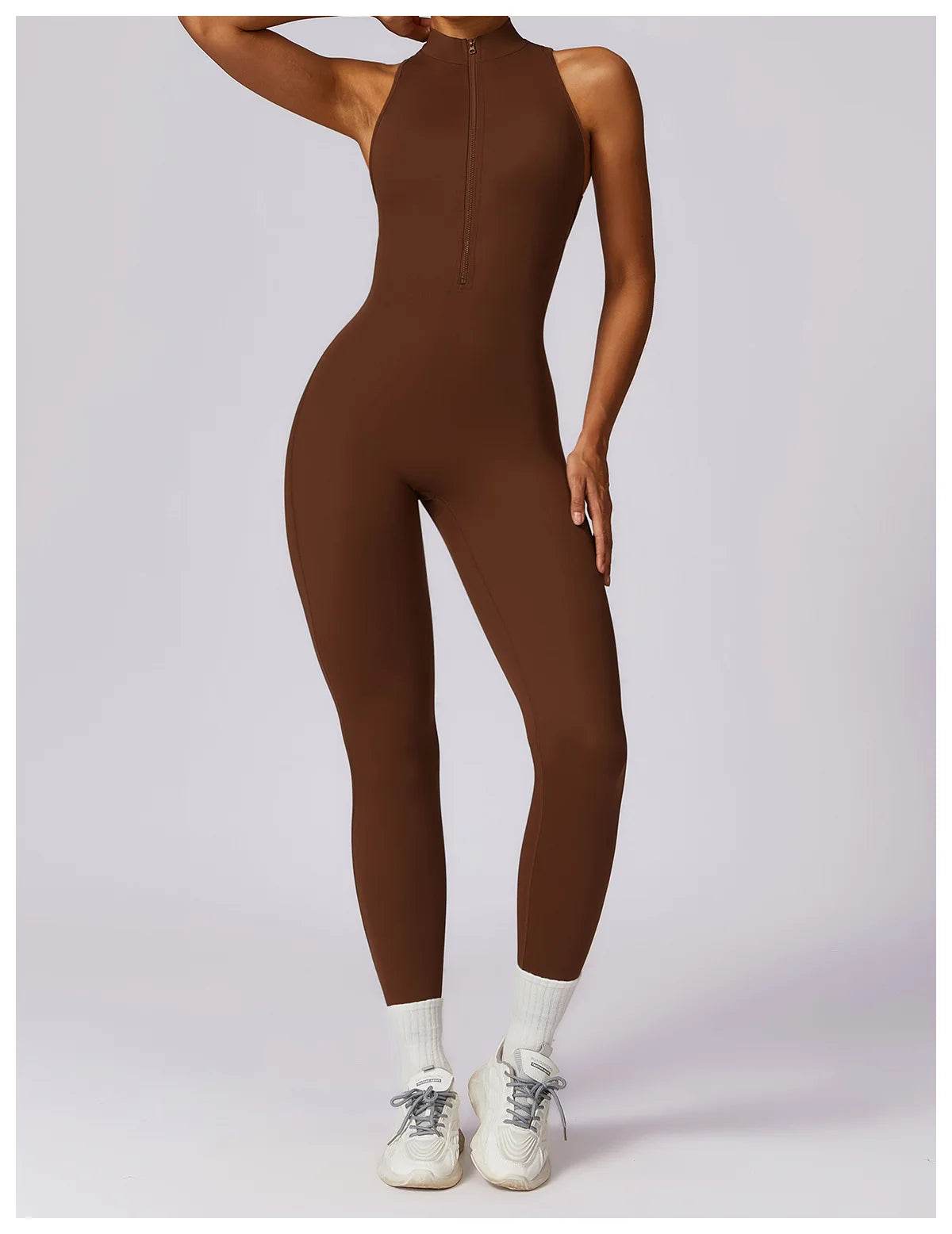 V Back One-piece Suit Women Sports Jumpsuit Zippers Yoga Rompers Backless Sportswear Women Sleeveles Workout Bodysuits Female - Zara-Craft