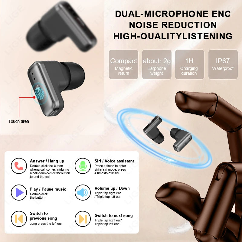LIGE New TWS 2-In-1 Headset Smart Watch 1.85" Bluetooth Call Men Earphone Smartwatch Heart Rate Health Monitor Music