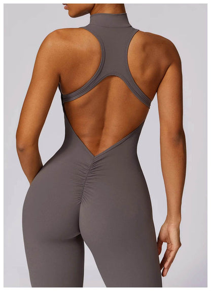 V Back One-piece Suit Women Sports Jumpsuit Zippers Yoga Rompers Backless Sportswear Women Sleeveles Workout Bodysuits Female - Zara-Craft