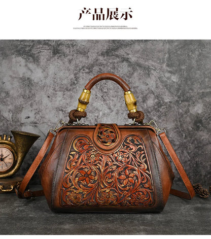 Luxury Handmade Women Shoulder Handbag Vintage Carved Leather