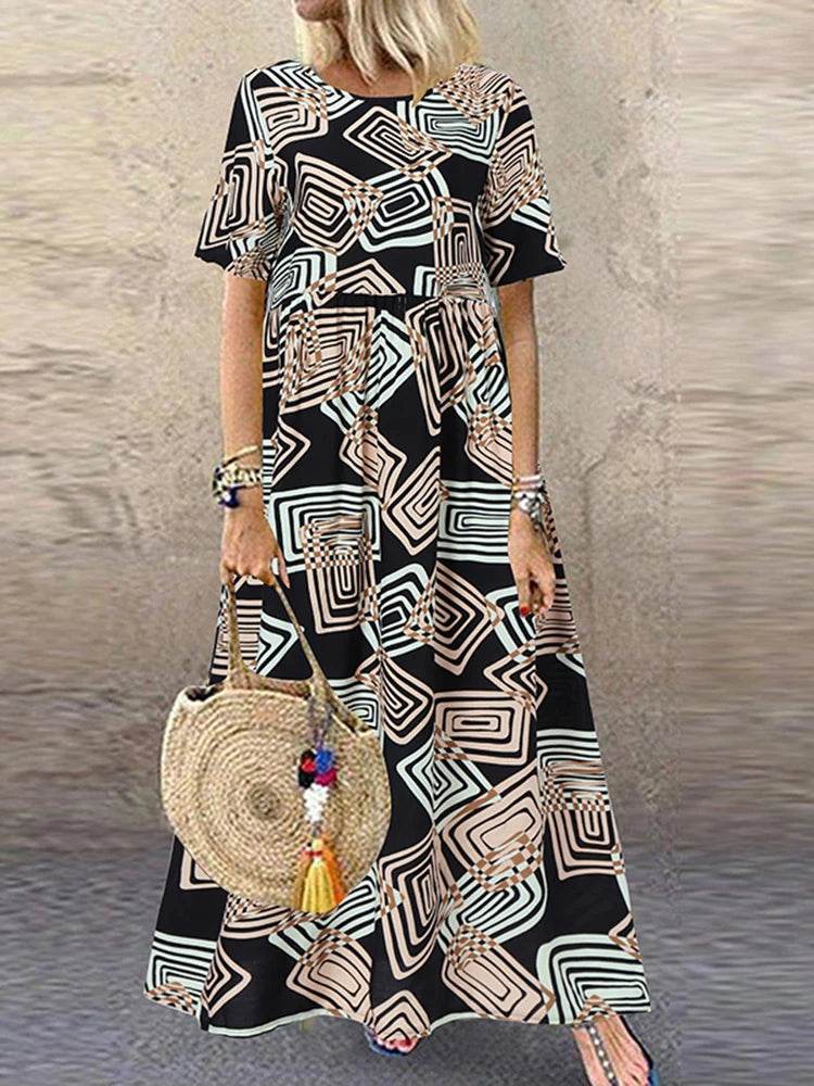 ZANZEA Summer Maxi Dress Women's Vintage Printed Sundress Casual Loose Short Sleeve Vestidos Vacation High Waist Robe - Zara-Craft