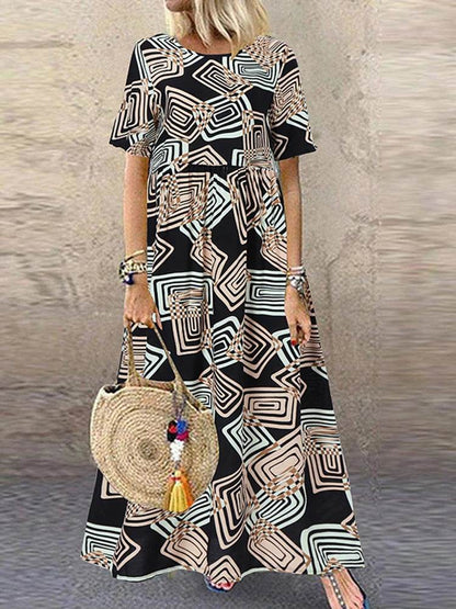 ZANZEA Summer Maxi Dress Women's Vintage Printed Sundress Casual Loose Short Sleeve Vestidos Vacation High Waist Robe - Zara-Craft