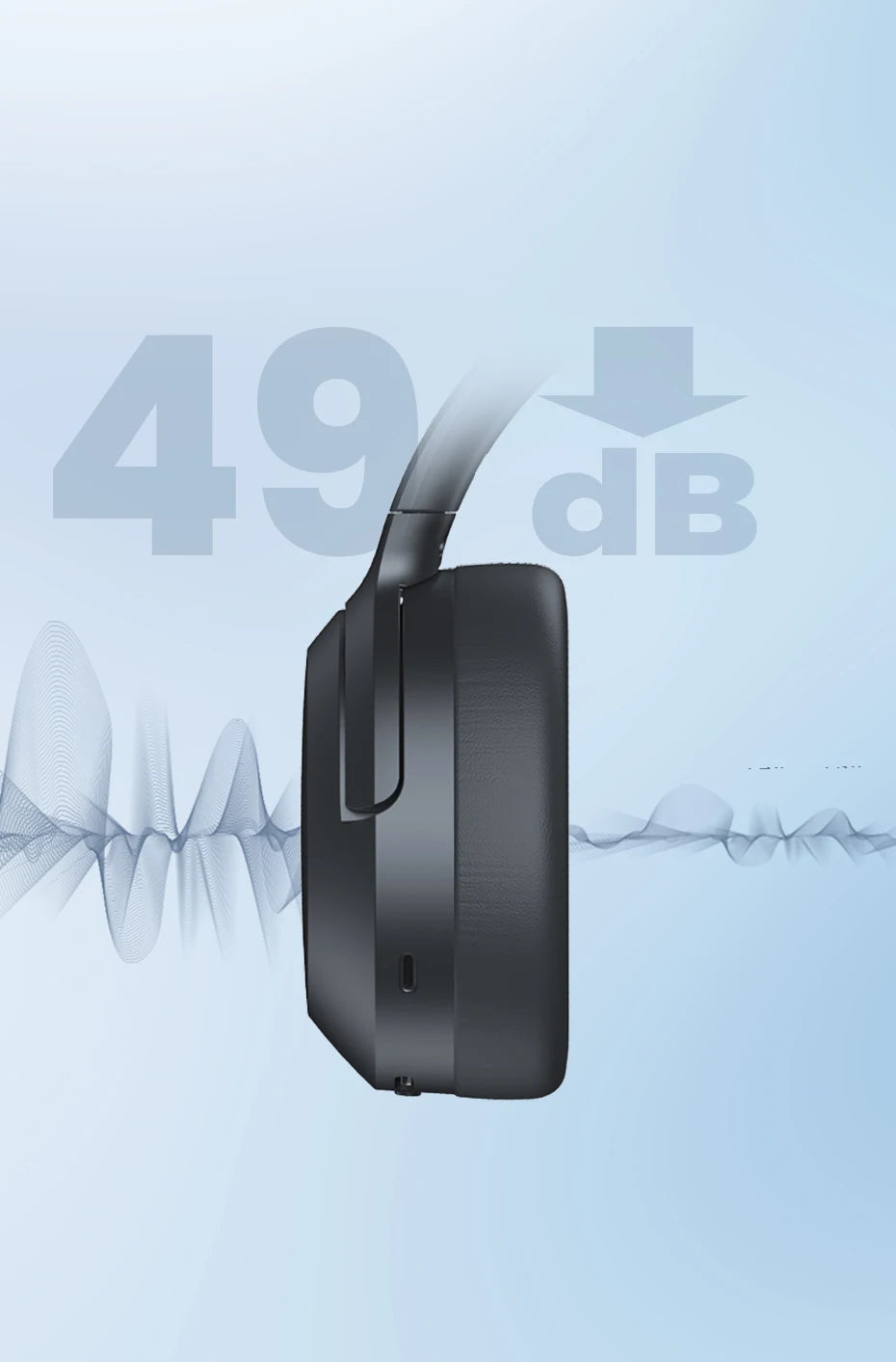 Noise-canceling headphones with sound wave graphics and dB rating on a light blue background