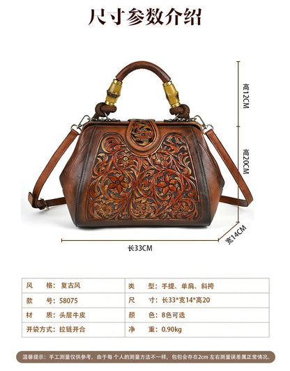 Luxury Handmade Women Shoulder Handbag Vintage Carved Leather