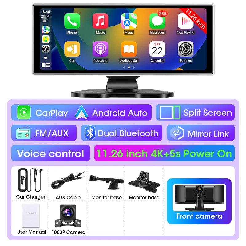 11.26 inch Dash Cam 4K Car DVR Wireless CarPlay & Android Auto GPS Navigation Video Recorder Dashboard Dual Lens WIFI FM AUX