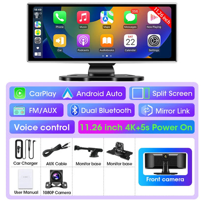 11.26 inch Dash Cam 4K Car DVR Wireless CarPlay & Android Auto GPS Navigation Video Recorder Dashboard Dual Lens WIFI FM AUX