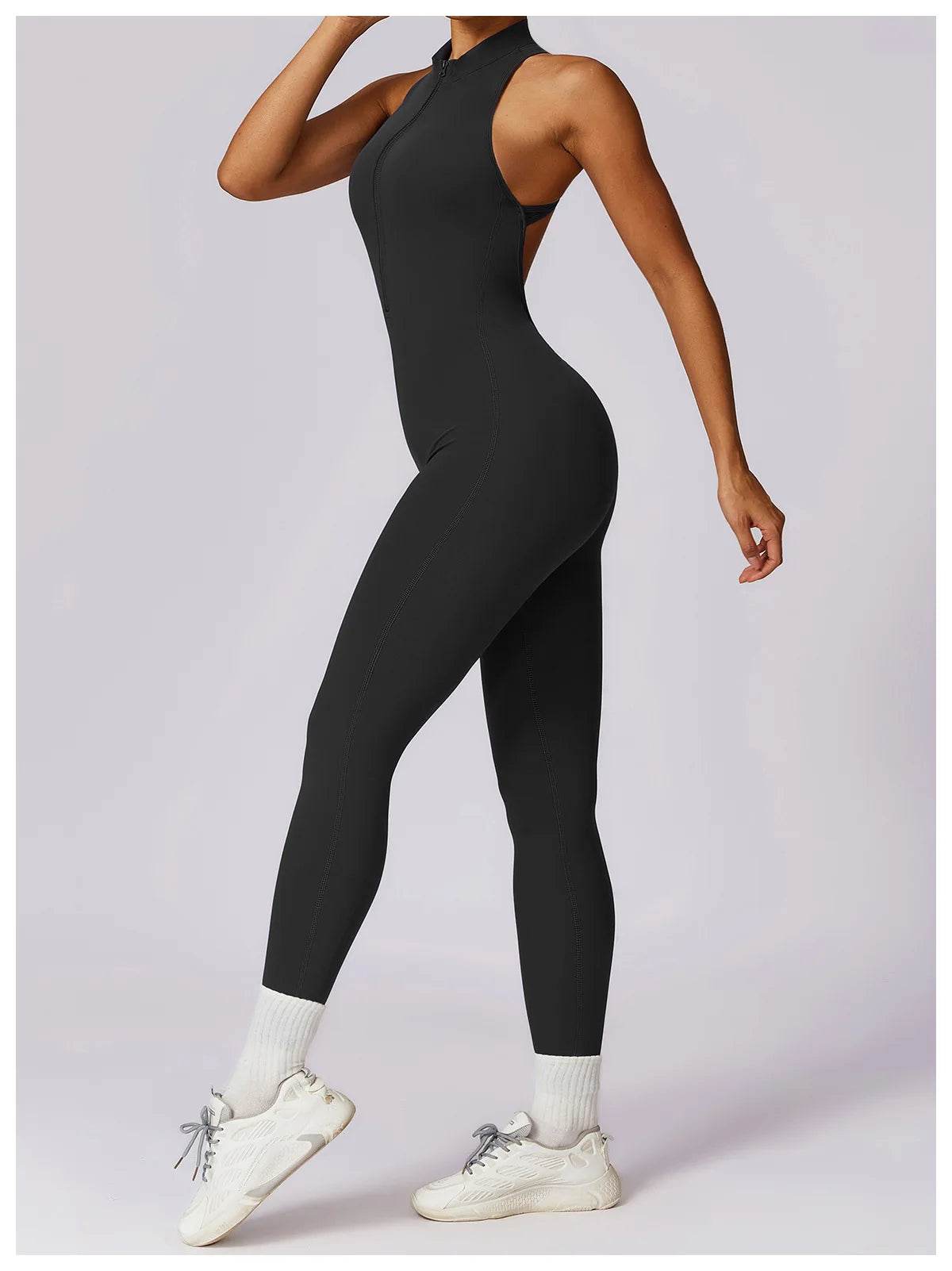 V Back One-piece Suit Women Sports Jumpsuit Zippers Yoga Rompers Backless Sportswear Women Sleeveles Workout Bodysuits Female - Zara-Craft