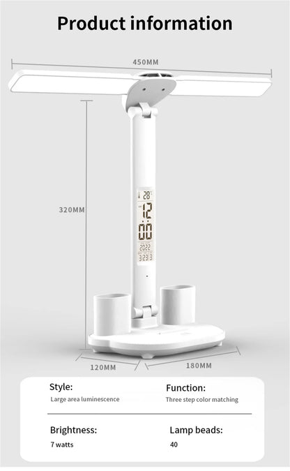 LED Desk Lamp USB Dimmable Touch Foldable Table Lamp with Calendar Temperature Clock Night Light for Study Reading Lamp