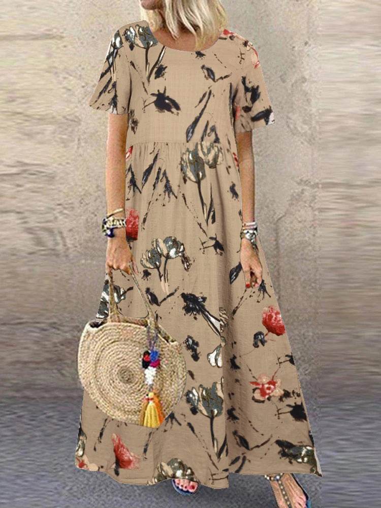 ZANZEA Summer Maxi Dress Women's Vintage Printed Sundress Casual Loose Short Sleeve Vestidos Vacation High Waist Robe Femme - Zara-Craft