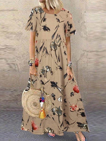 ZANZEA Summer Maxi Dress Women's Vintage Printed Sundress Casual Loose Short Sleeve Vestidos Vacation High Waist Robe Femme - Zara-Craft