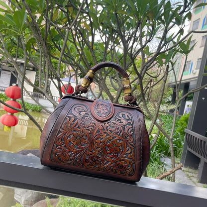 Luxury Handmade Women Shoulder Handbag Vintage Carved Leather