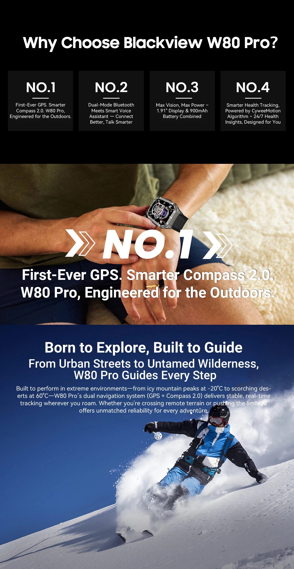 Blackview PRO Outdoor Rugged Smart Watch, GPS Position Smartwatch, 1.91‘’ Display, 900mAh with Flashlight