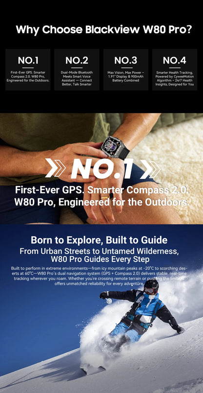 Blackview PRO Outdoor Rugged Smart Watch, GPS Position Smartwatch, 1.91‘’ Display, 900mAh with Flashlight