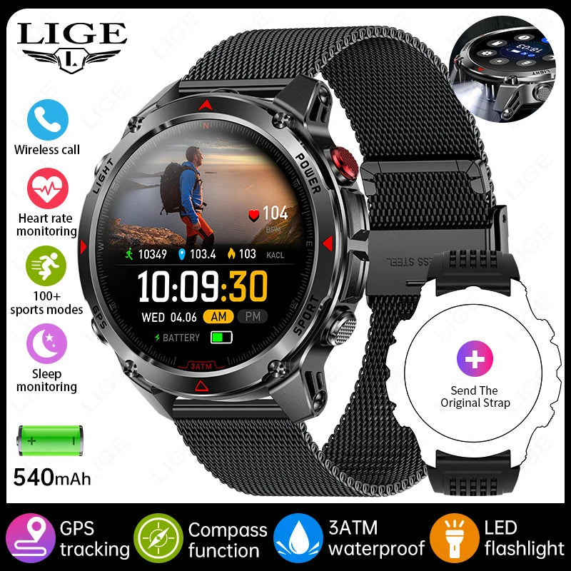 LIGE New Professional GPS Track Sports Smartwatch Outdoor RIDE Run Compass Altimeter 3ATM Fitness Bracelets 540mAh Watches
