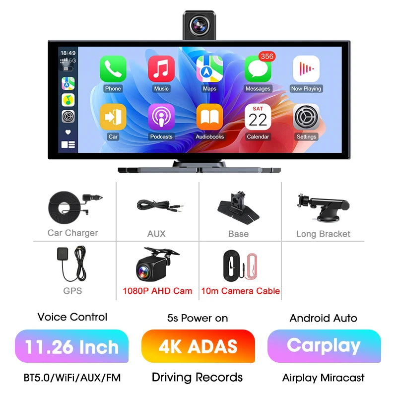 11.26″ 4K ADAS Dash Cam Display Wireless Android Auto CarPlay Screen DVR Dual Recording Night Vision Car Intelligent Systems FM