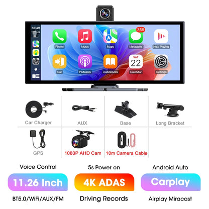 11.26″ 4K ADAS Dash Cam Display Wireless Android Auto CarPlay Screen DVR Dual Recording Night Vision Car Intelligent Systems FM