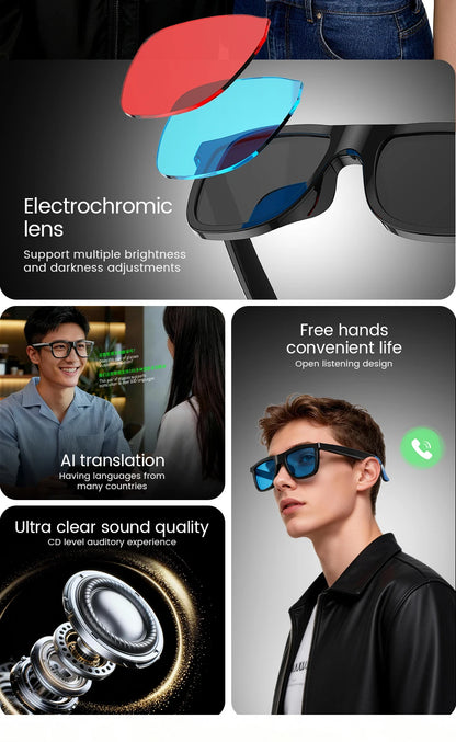 New Touch Color Change Smart Glasses AI Translation Voice Wake-Up Dual Mic Noise Reduction Bluetooth Music IP65 Waterproof