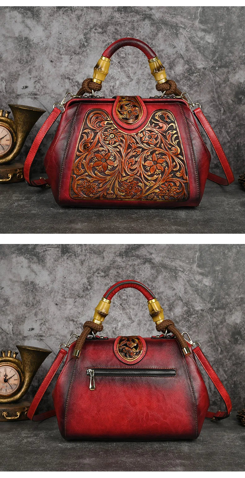 Luxury Handmade Women Shoulder Handbag Vintage Carved Leather