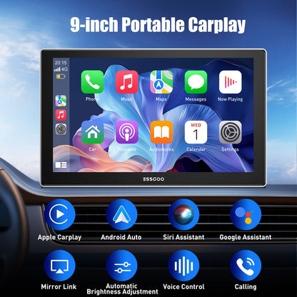 ESSGOO 9 Inch Touch Screen Portable Car Stereo Radio Wireless Apple Carplay Android Auto USB TF Bluetooth Mirror Link