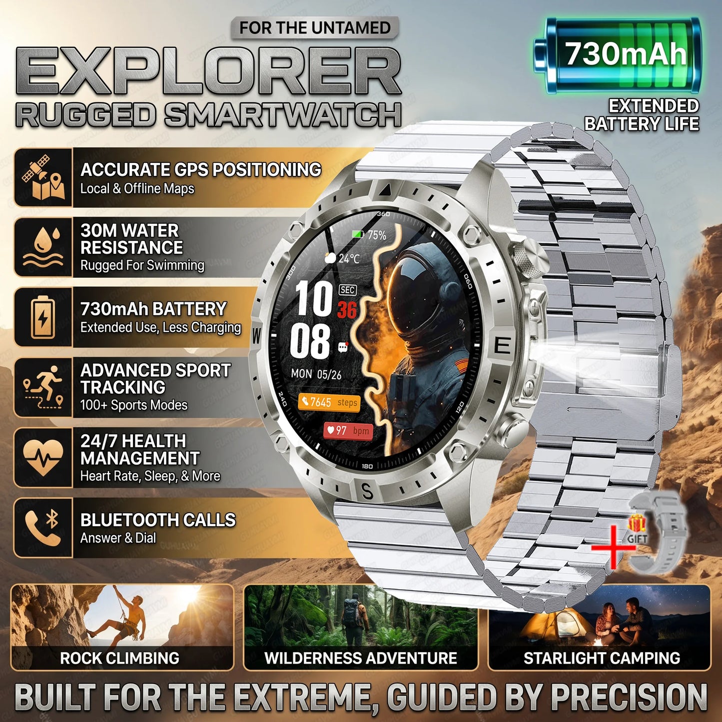 GUHUAVMI GPS Outdoor Smart Watch 1.43 AMOLED Fitness Tracker with Offline Maps Local Music Compass Altimeter Barometer Heart Rate 3ATM BT