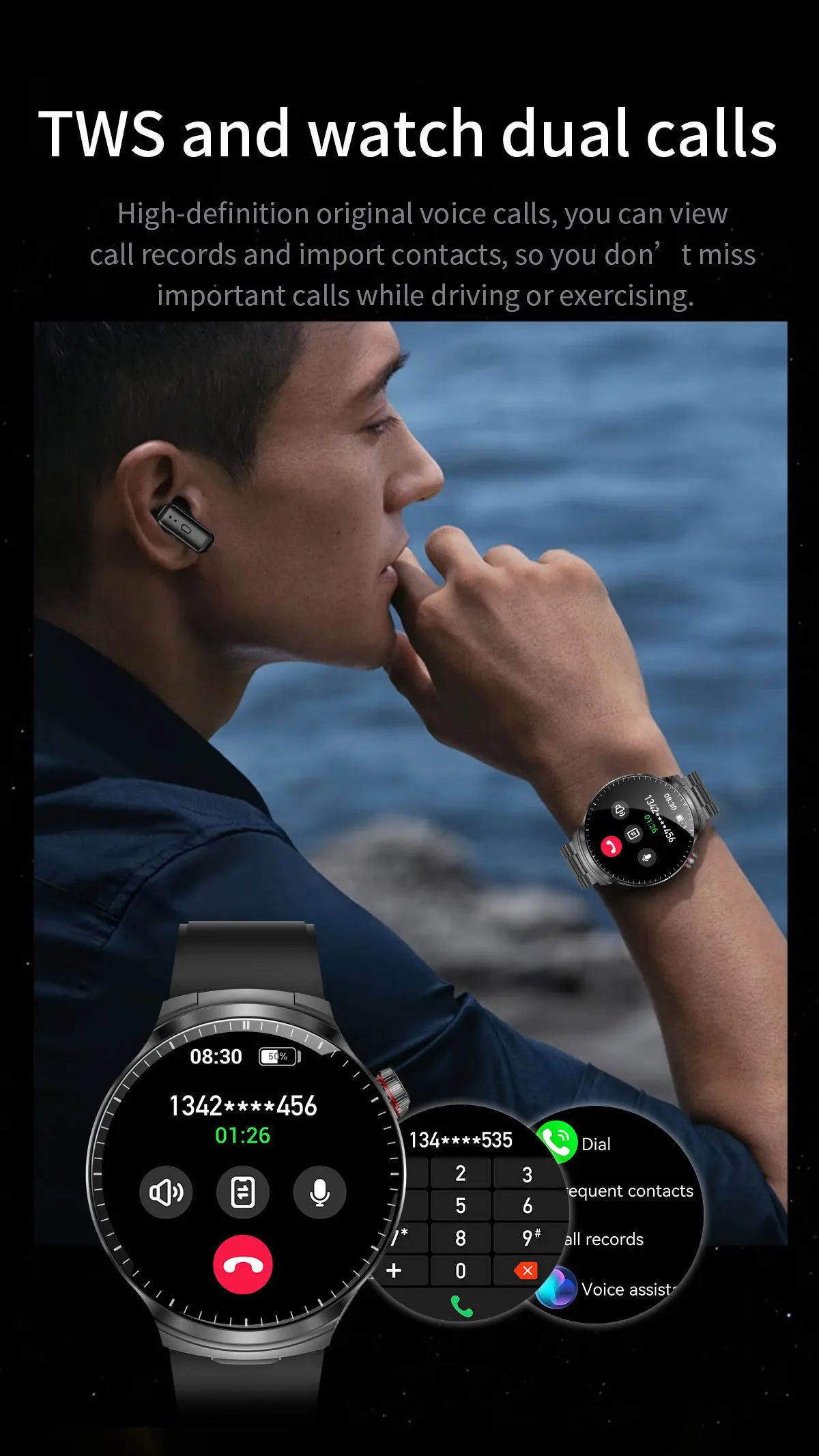 LIGE New TWS 2-In-1 Headset Smart Watch 1.85" Bluetooth Call Men Earphone Smartwatch Heart Rate Health Monitor Music