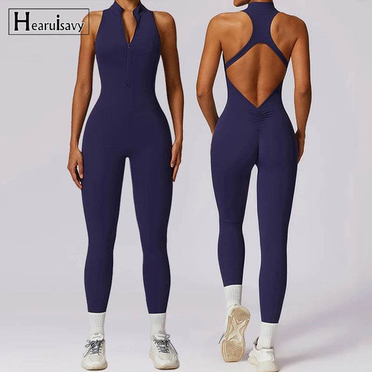 V Back One-piece Suit Women Sports Jumpsuit Zippers Yoga Rompers Backless Sportswear Women Sleeveles Workout Bodysuits Female - Zara-Craft