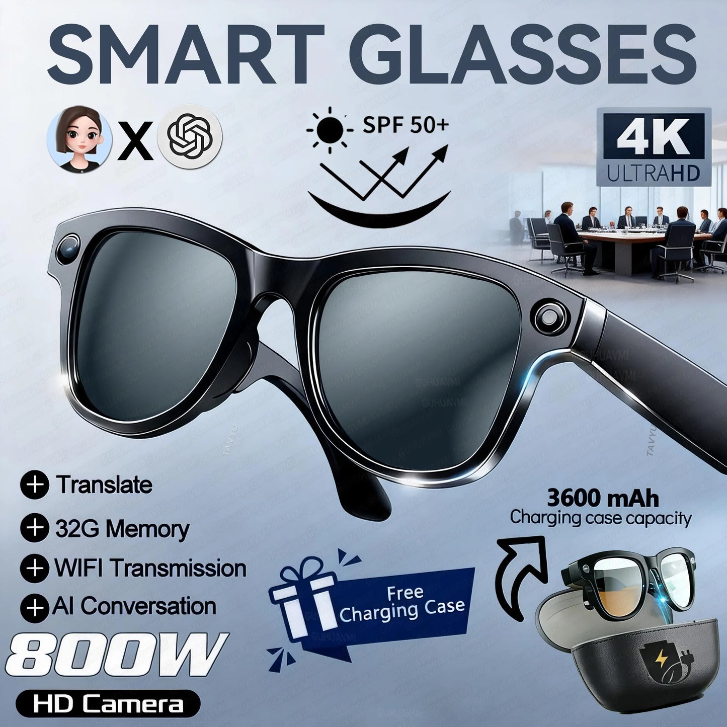 GUHUAVMI AI Smart Glasses 1080P Camera Video Recorder Open Ear Bluetooth Audio Voice Control Wi-Fi Sync Sports