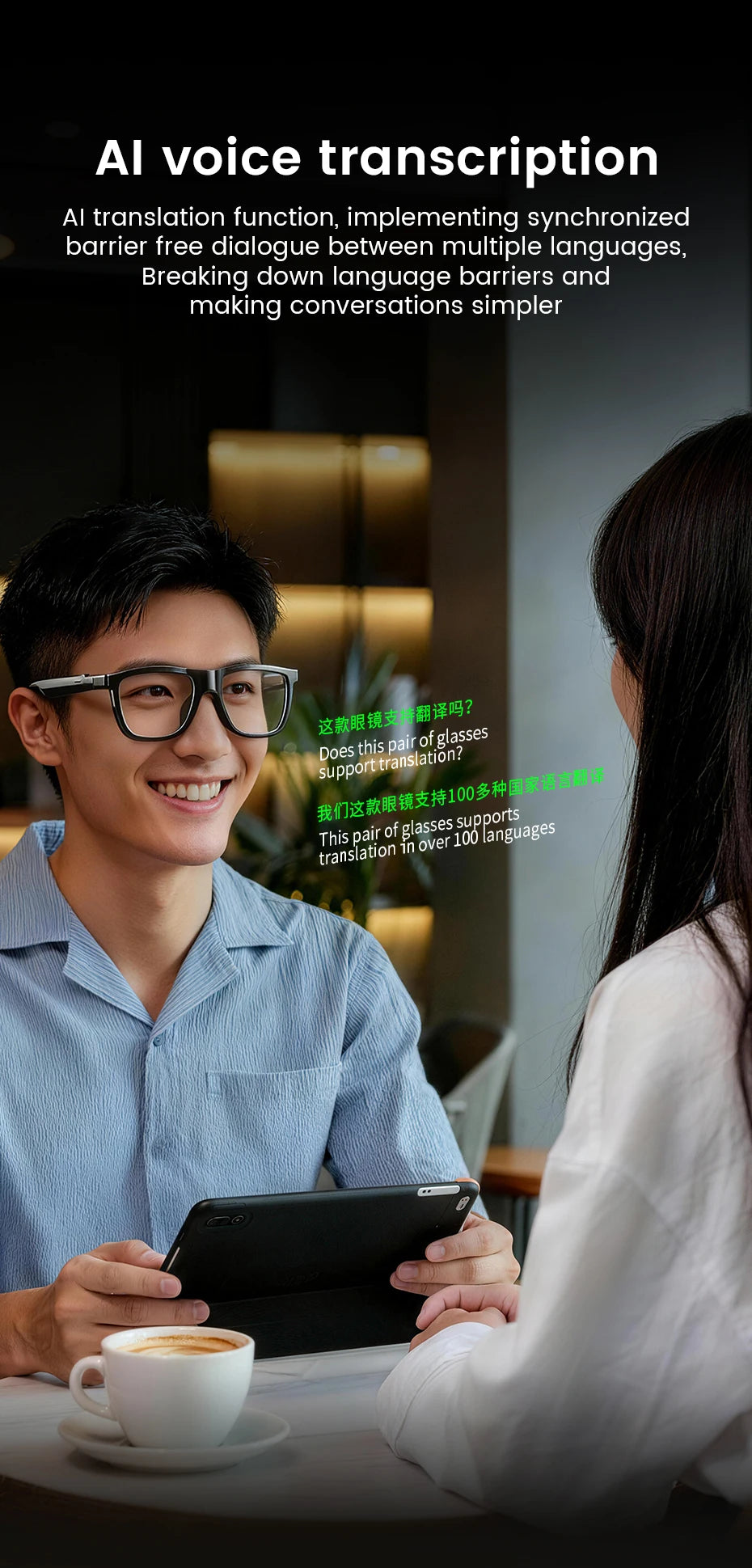 New Touch Color Change Smart Glasses AI Translation Voice Wake-Up Dual Mic Noise Reduction Bluetooth Music IP65 Waterproof