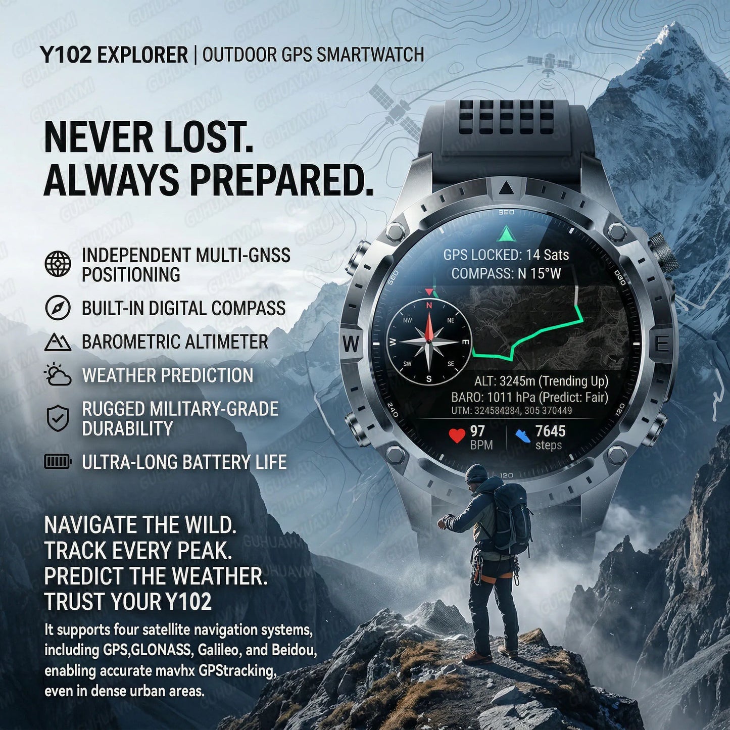 GUHUAVMI GPS Outdoor Smart Watch 1.43 AMOLED Fitness Tracker with Offline Maps Local Music Compass Altimeter Barometer Heart Rate 3ATM BT