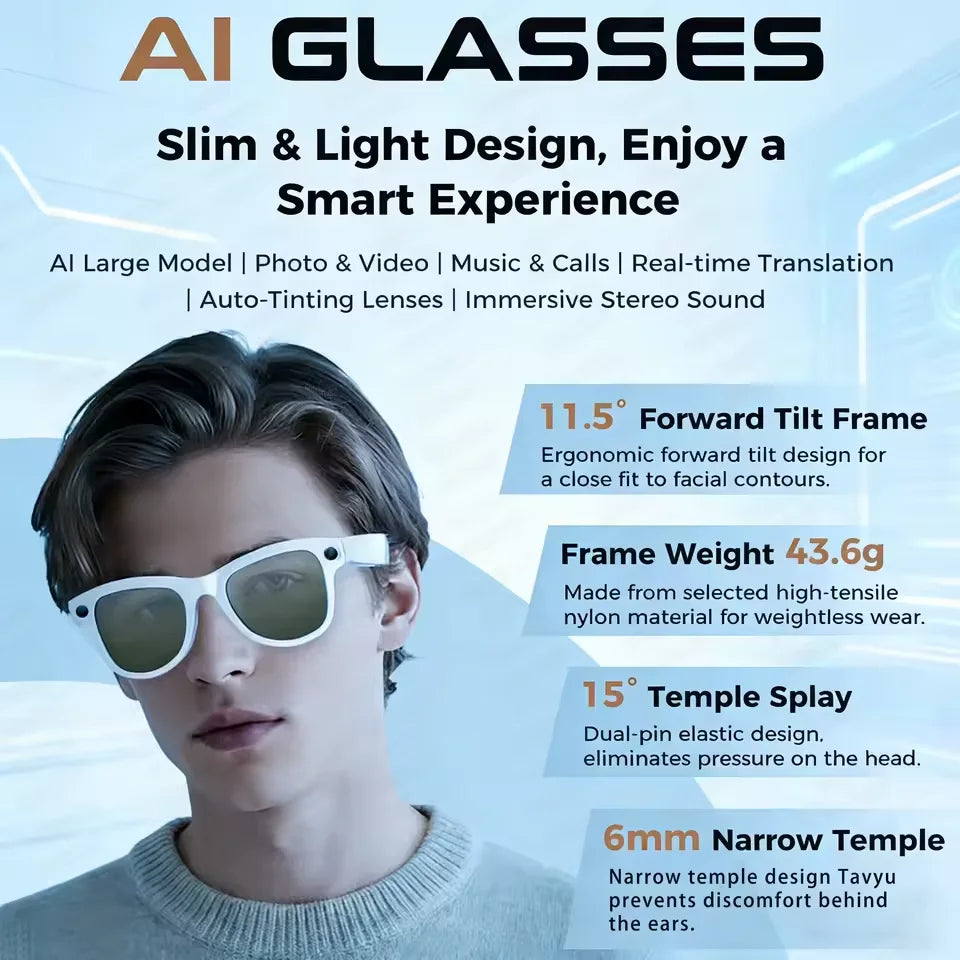 GUHUAVMI AI Smart Glasses 1080P Camera Video Recorder Open Ear Bluetooth Audio Voice Control Wi-Fi Sync Sports