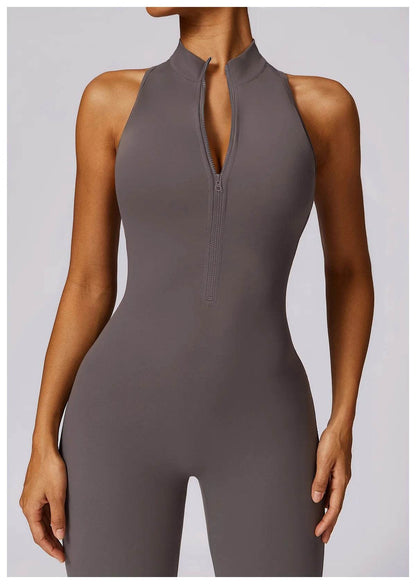 V Back One-piece Suit Women Sports Jumpsuit Zippers Yoga Rompers Backless Sportswear Women Sleeveles Workout Bodysuits Female - Zara-Craft