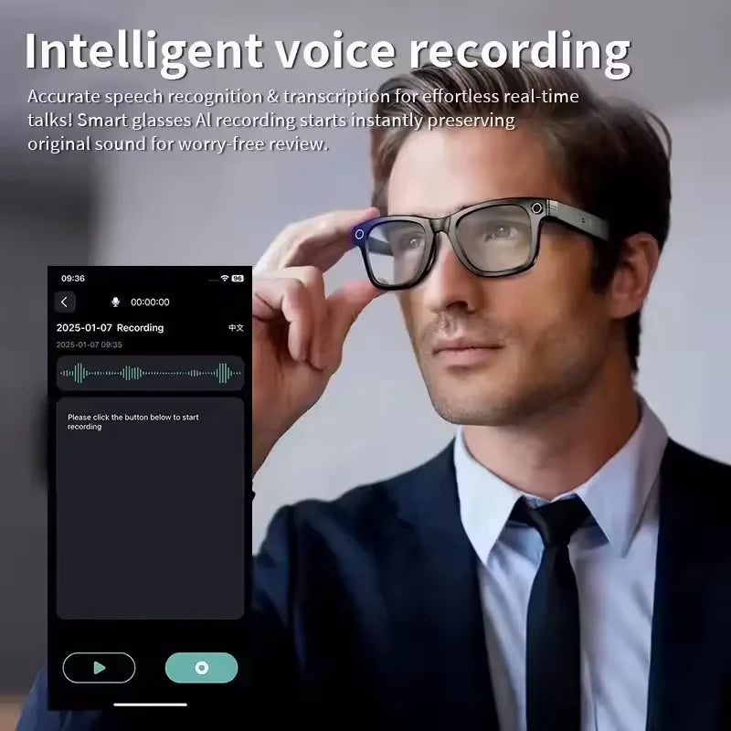 Man wearing smart glasses with a smartphone app interface for intelligent voice recording.