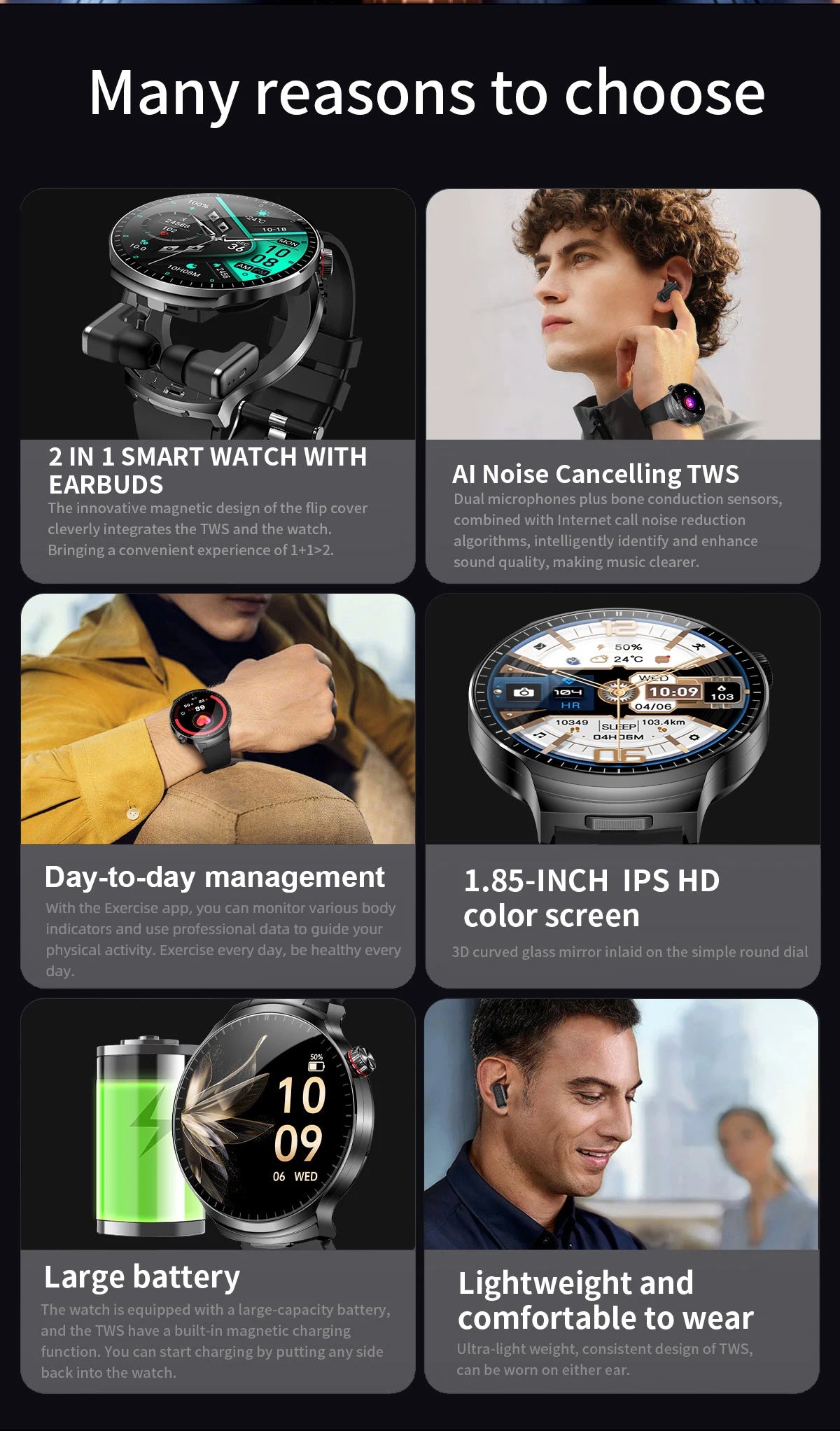 LIGE New TWS 2-In-1 Headset Smart Watch 1.85" Bluetooth Call Men Earphone Smartwatch Heart Rate Health Monitor Music