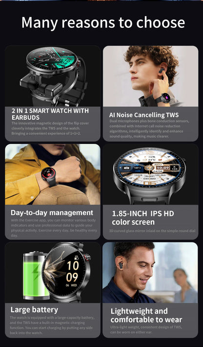 LIGE New TWS 2-In-1 Headset Smart Watch 1.85" Bluetooth Call Men Earphone Smartwatch Heart Rate Health Monitor Music