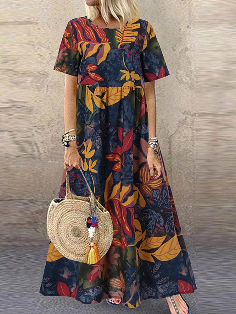 ZANZEA Summer Maxi Dress Women's Vintage Printed Sundress Casual Loose Short Sleeve Vestidos Vacation High Waist Robe Femme - Zara-Craft