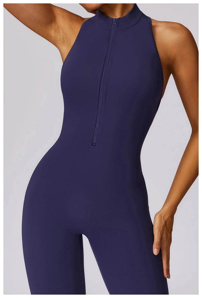 V Back One-piece Suit Women Sports Jumpsuit Zippers Yoga Rompers Backless Sportswear Women Sleeveles Workout Bodysuits Female - Zara-Craft