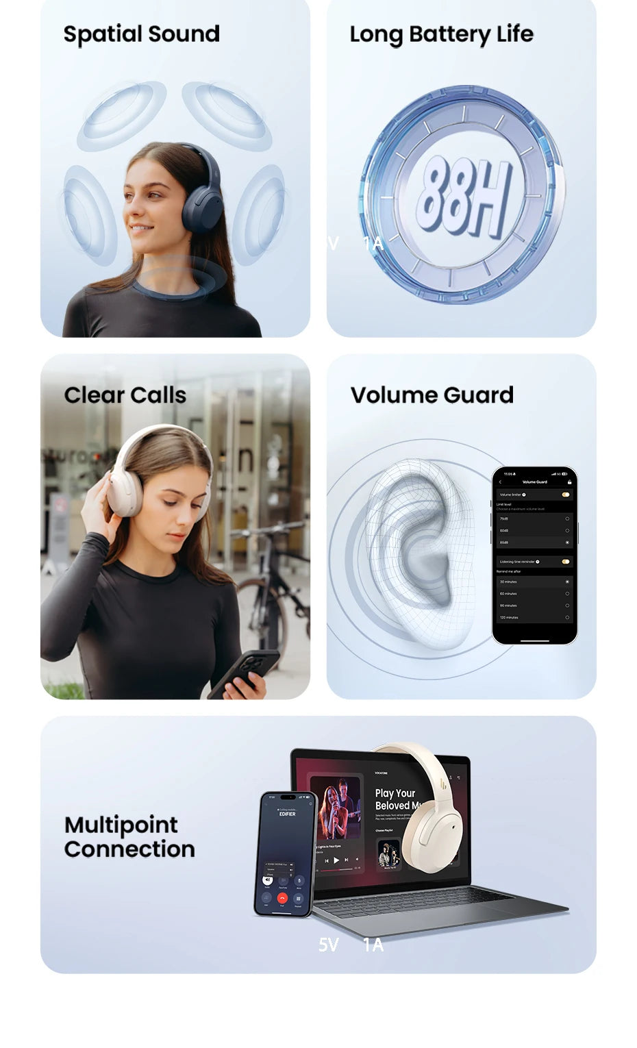 Product features including spatial sound, long battery life, clear calls, volume guard, and multipoint connection on a blue background.