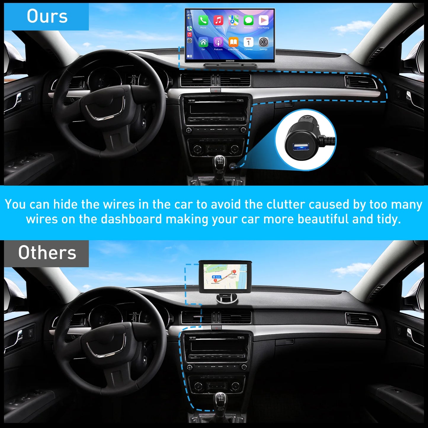 ESSGOO 9 Inch Touch Screen Portable Car Stereo Radio Wireless Apple Carplay Android Auto USB TF Bluetooth Mirror Link