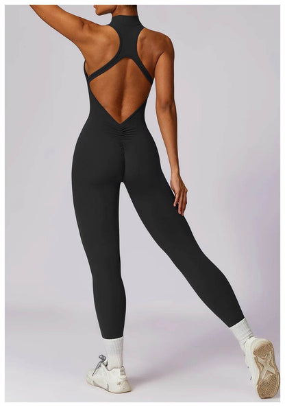 V Back One-piece Suit Women Sports Jumpsuit Zippers Yoga Rompers Backless Sportswear Women Sleeveles Workout Bodysuits Female - Zara-Craft