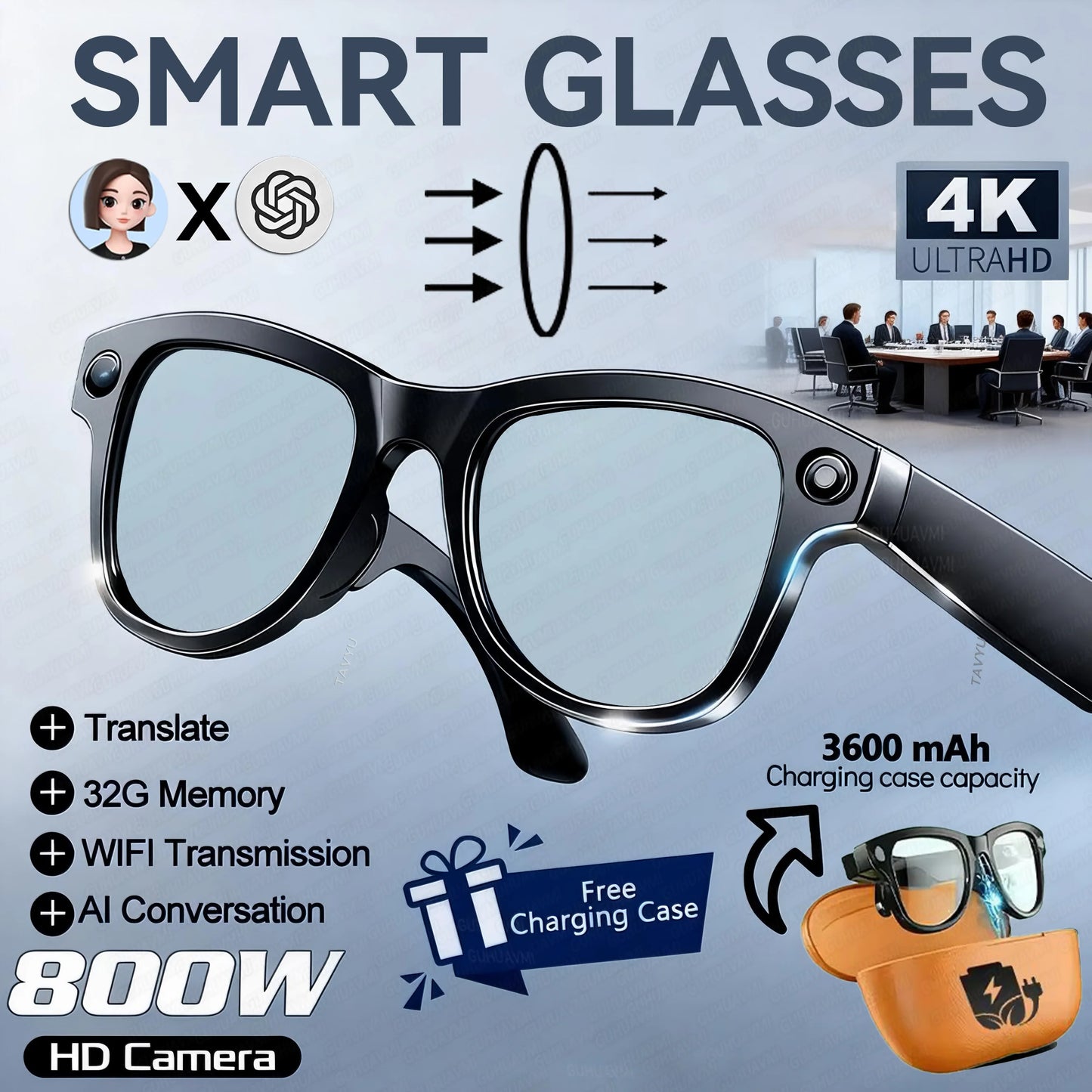 GUHUAVMI AI Smart Glasses 1080P Camera Video Recorder Open Ear Bluetooth Audio Voice Control Wi-Fi Sync Sports