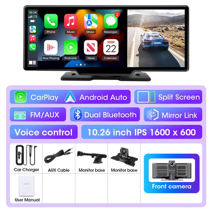 11.26 inch Dash Cam 4K Car DVR Wireless CarPlay & Android Auto GPS Navigation Video Recorder Dashboard Dual Lens WIFI FM AUX