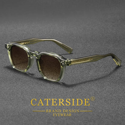 Sunglasses with gold frame and dark lenses on a gray background, featuring the Caterside brand.