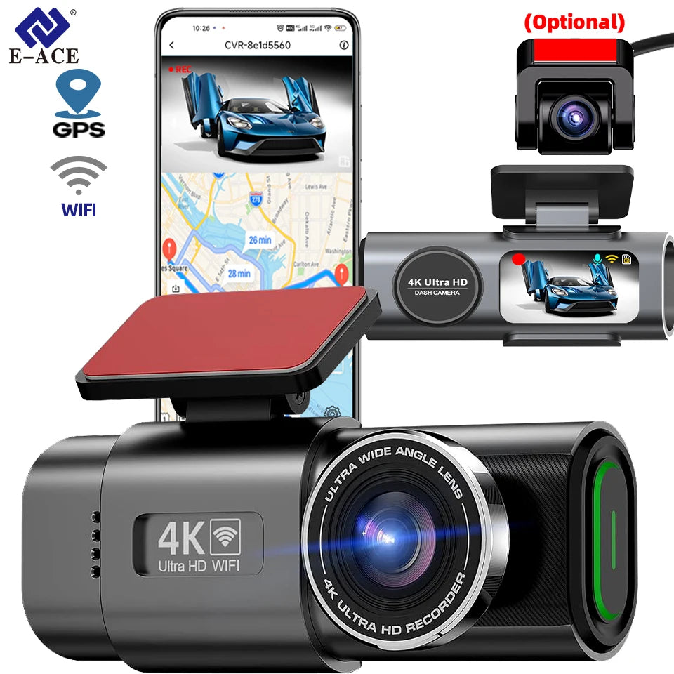 Car dashboard camera with smartphone app display, E-ACE branding, and GPS/WiFi icons.
