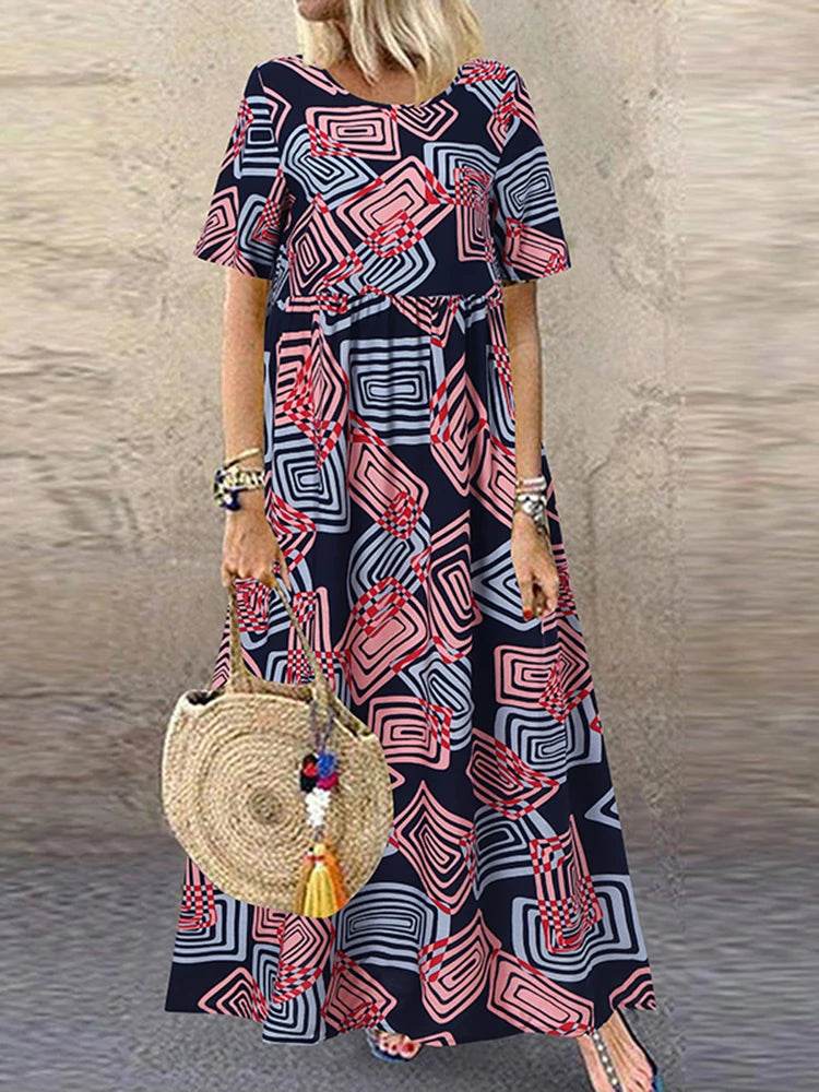 ZANZEA Summer Maxi Dress Women's Vintage Printed Sundress Casual Loose Short Sleeve Vestidos Vacation High Waist Robe - Zara-Craft