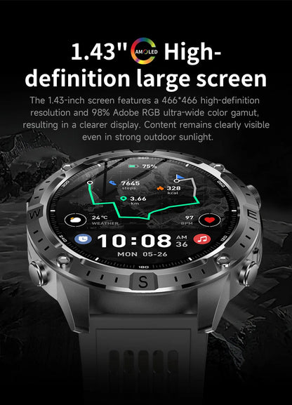 GUHUAVMI GPS Outdoor Smart Watch 1.43 AMOLED Fitness Tracker with Offline Maps Local Music Compass Altimeter Barometer Heart Rate 3ATM BT
